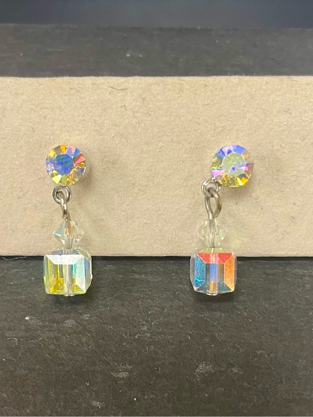 Aurora Crystal Drop Earrings - Iridescent Cube Dangle
